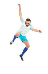 Wall Mural - Young man playing football on white background