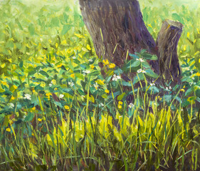 Canvas Print - Glade of spring beautiful flowers near old tree. Forest rural sunny landscape. Close-up. High summer grass in foreground Impressionism palette knife painting