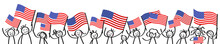 Cheering Crowd Of Happy Stick Figures With American National Flags, USA Supporters Smiling And Waving Star-spangled Banner Isolated On White Background