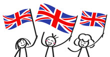 Cheering Group Of Happy Stick Figures With British National Flags, Great Britain Supporters Smiling And Waving Union Jack Flags Isolated On White Background