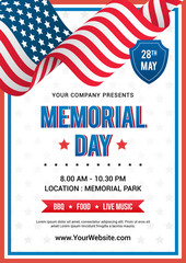 Wall Mural - Memorial Day poster templates Vector illustration, USA flag waving with text on white star pattern background. Flyer design