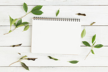 Wall Mural - flat lay photo of blank whtie notebook and green leaf on whtie table