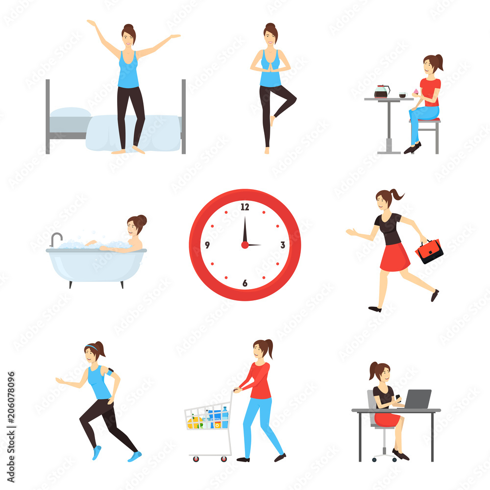 Cartoon Daily Routine Character Woman. Vector Stock Vector | Adobe Stock