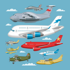 Wall Mural - Plane vector aircraft or airplane and jet flight transportation in sky illustration aviation set of aeroplane or airliner and airfreighter cargo isolated on background