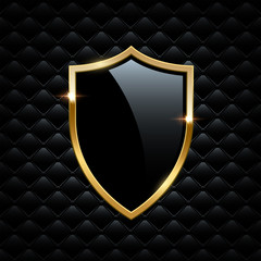 Black shield with golden frame isolated on VIP background. Vector luxury design element.