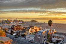 View Of Santa Monica Beach, Pier And Ocean Front Homes At Sunset.