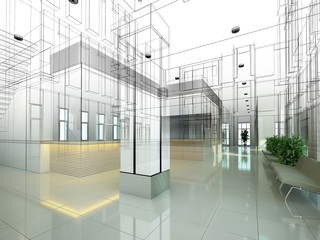 sketch design of interior hall, 3d rendering