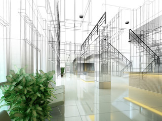 sketch design of interior hall, 3d rendering