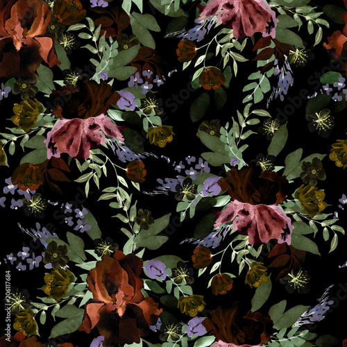 Beautiful watercolor pattern with peony, iris and roses flowers.