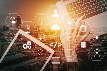 cyber security internet and networking concept.businessman hand working with laptop computer and dig