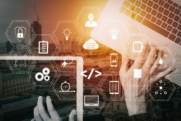 cyber security internet and networking concept.businessman hand working with laptop computer and dig