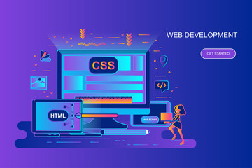 Modern gradient flat line concept web banner of web development with decorated small people character. Landing page template.