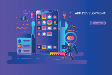 Modern gradient flat line concept web banner of app development with decorated small people character. Landing page template.