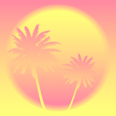  Summer background. Soft colors pink yellow sky, palm trees. Summer exotic beach with palm trees. Palm, sun, beach, sunrise, sunset. Summer concept. Template for posters, flyers, postcards Vector AI10