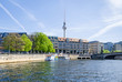 Spreeufer with the building of the theological faculty, television tower and Friedrichs Bridge in Berlin