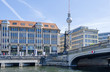 Spreeufer with the building of the theological faculty, television tower, Spreepalais and Friedrichs Bridge in Berlin