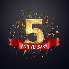 Wall Mural - 5 years anniversary logo template on dark background. five celebrating golden numbers with red ribbo
