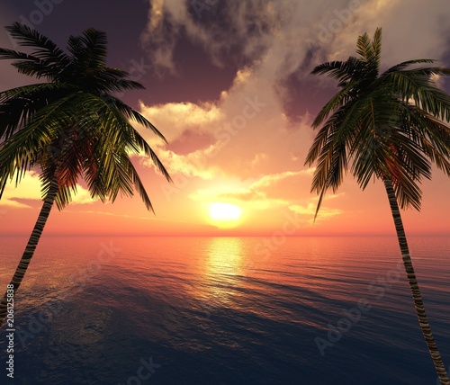 Sunset Over A Tropical Beach Ocean Sunrise Palm Trees On The Beach