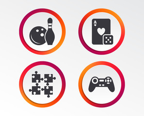 Bowling and Casino icons. Video game joystick and playing card with puzzles pieces symbols. Entertainment signs. Infographic design buttons. Circle templates. Vector