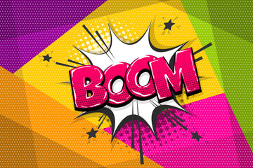 Wall Mural - boom, bang, wow comic text speech bubble. colored pop art style sound effect. halftone vector illust