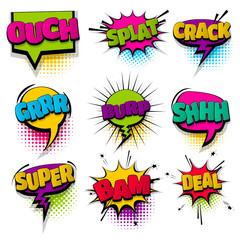 Wall Mural - splat burp shh super set hand drawn pictures effects template comics speech bubble halftone dot back