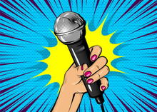 News Comic Text Speech Bubble. Woman Pop Art Style Fashion. Girl Hand Hold Microphone Cartoon Vector Illustration. Retro Poster Comimc Book Performance. Entertainment Halftone Background.