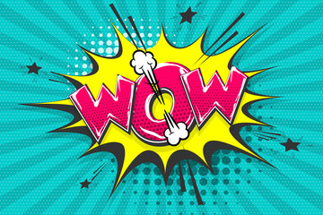 Wall Mural - wow, boom, bang, comic text speech bubble. colored pop art style sound effect. halftone vector illus