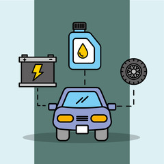 Sticker - car service maintenance battery wheel and oil bottle vector illustration