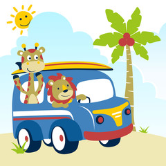 Wall Mural - Holiday trip with funny animals cartoon. Eps 10