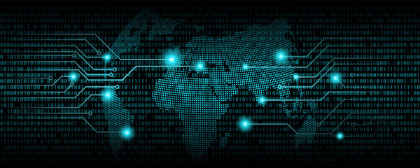 binary code abstract background and world map., digital communication code, technology background