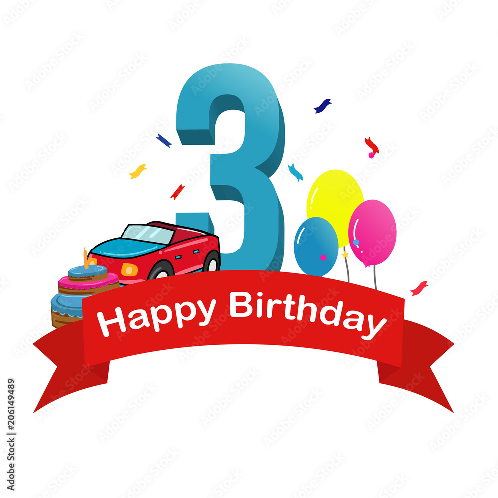 Happy third birthday. Baby boy greeting card with race car, cake and balloons vector illustration