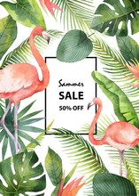 Watercolor Vector Summer Sale Banner Of Tropical Leaves And The Pink Flamingo Isolated On White Background.