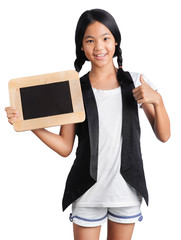 Wall Mural - Portrait of a young girl hands holding the chalkboard on white background