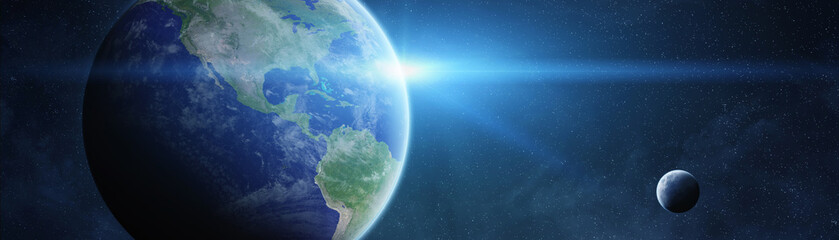 Wall Mural - panoramic view of planet earth with the moon 3d rendering elements of this image furnished by nasa
