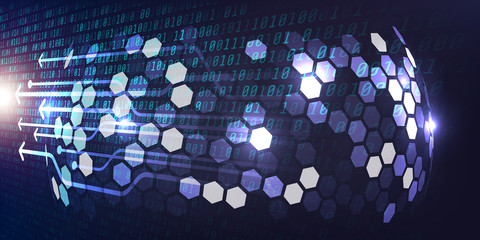 Abstract Technology Binary code with hexagons Background.Digital binary data and Secure Data Concept
