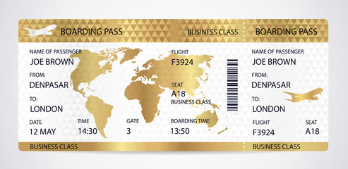 Wall Mural - Golden Boarding pass (ticket, traveler check template) with aircraft (airplane or plane) silhouette on gold guilloche background. Travel by Aerial Transport. Enjoy your vacation. Isolated vector
