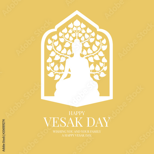 Vesak Day Banner Card With White Buddha And Bodhi Tree Sign In
