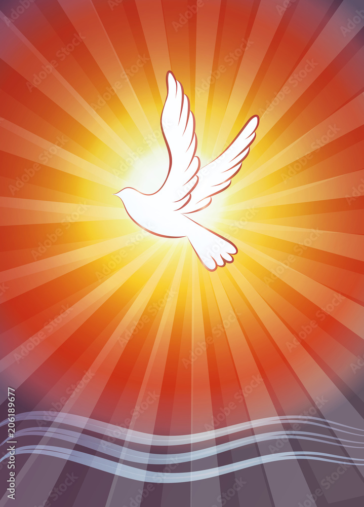 Christian baptism symbol with water waves and dove on sunset background - obrazy, fototapety, plakaty 