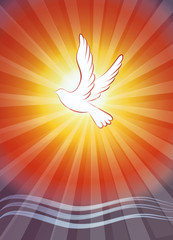 Christian baptism symbol with water waves and dove on sunset background