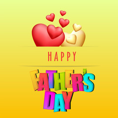 Wall Mural - Stylish text Happy Father's Day on yellow background with golden and red hearts.