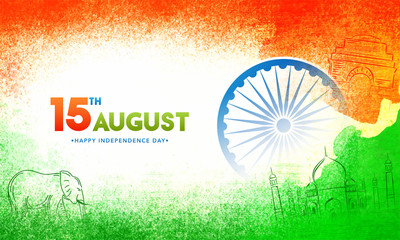 Poster - Indian Independence Day celebration concept with stylish text, elephant, Ashoka Wheel, and Indian Monuments.