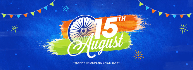 Poster - Web header or banner design with stylish text 15th August and Ashoka Wheel on Blue Abstract Background.