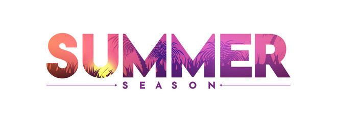 Wall Mural - stylish text summer season on white background with view of a sunset.