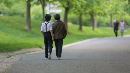 Wall Mural - Little preschool boys, cute children, brothers, dressed in vintage style clothes, in a park under blooming trees, looking fashionable, walking away on a path