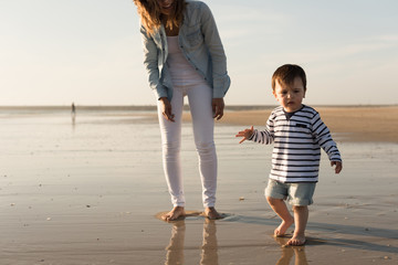 Wall Mural - Mother at the beach with toddler