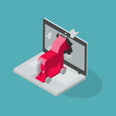 Fototapete - Trojan virus vector symbol with laptop and red trojan horse isolated on blue background. Flat design, easy to use for your website or presentation.