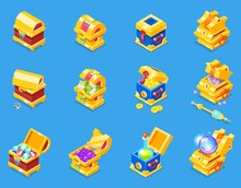 Chest Icon Isometric Vector Treasure Box With Gold Money Wealth Or Wooden Pirate Chests With Golden Coins And Ancient Jewels Illustration Isolated On Background