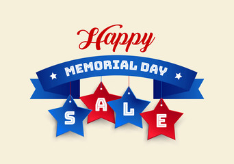 Wall Mural - appy Memorial Day Sale ribbon and stars vector banner