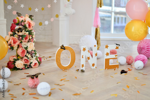 One Year Birthday Decorations Decorations For Holiday Party A Lot Of Balloons Yellow And Pink Colors Cake For Birthday Party Buy This Stock Photo And Explore Similar Images At Adobe Stock
