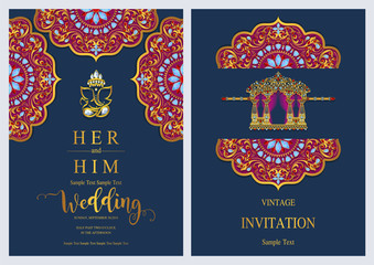 Wall Mural - Indian wedding Invitation card templates with gold patterned and crystals on paper color Background.
